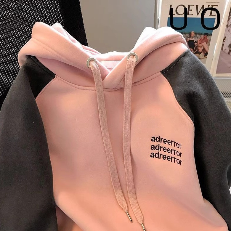 日系女生宽松复古百搭加绒加厚撞色连帽卫衣男女插肩袖休闲上衣服