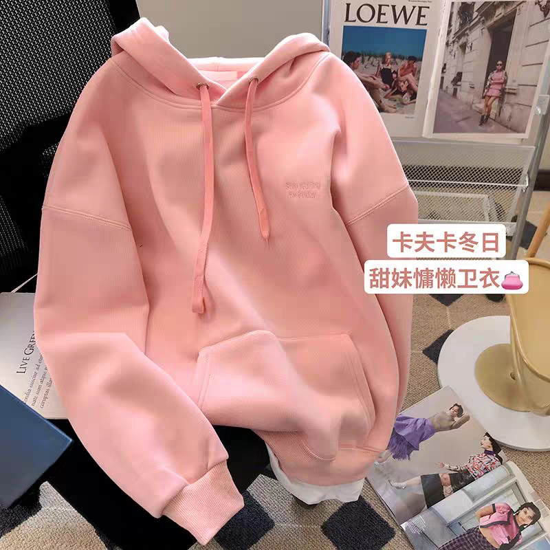 粉色假两件加绒加厚连帽卫衣女2025年秋冬新款宽松休闲外套ins潮