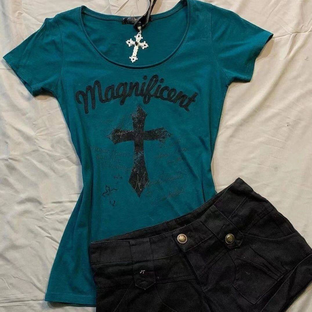 韩版古着深蓝色十字架T恤字母印花短袖Vintage慵懒上衣女2025夏季