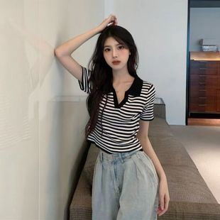 辣妹上衣 条纹T恤女夏薄款 Polo领短袖 短款 高腰露脐设计感小众修身