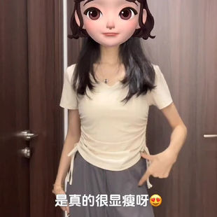 收腰显瘦甜美短款 美式 设计感小众修身 正肩v领短袖 上衣潮 t恤女夏季