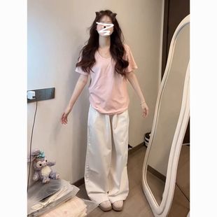 显瘦纯色百搭上衣 韩版 宽松慵懒风短袖 白色t恤女大U领打底夏季 薄款