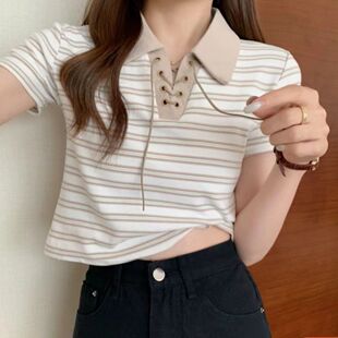 新款 t恤女修身 夏季 polo领条纹短袖 上衣潮 设计感法式 纯欲别致短款