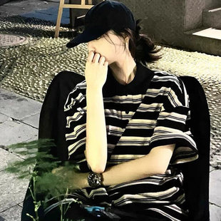oversize宽松休闲上衣 美式 复古校园风polo衫 条纹短袖 t恤男女夏季