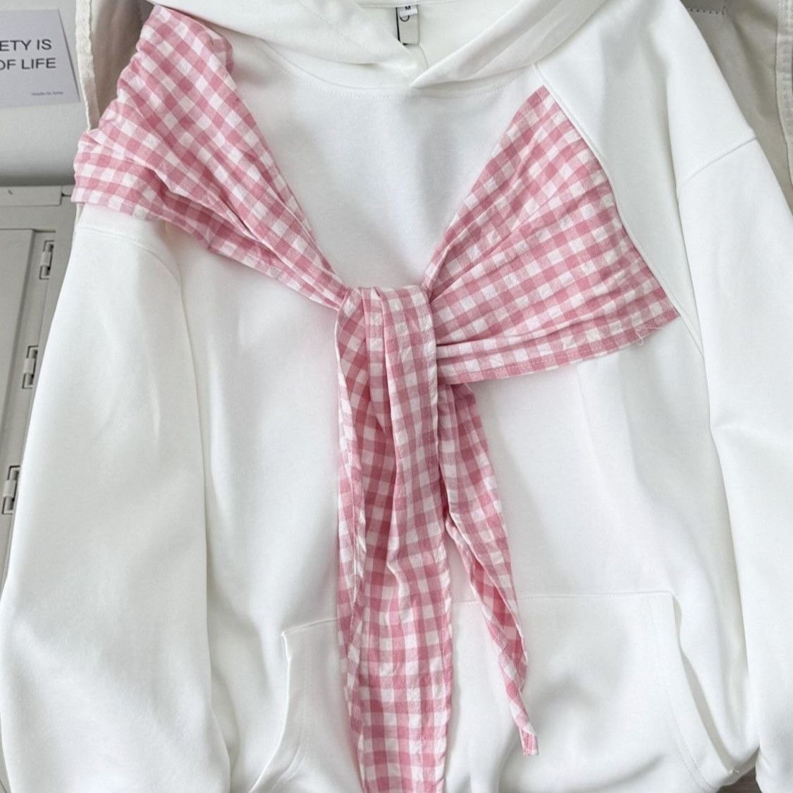 国潮牌格子设计感小众宽松独特外套美式高街蝴蝶结连帽卫衣女早秋