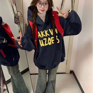 2026藏青色美式连帽卫衣女款秋冬季新款印花设计小众学生长袖上衣