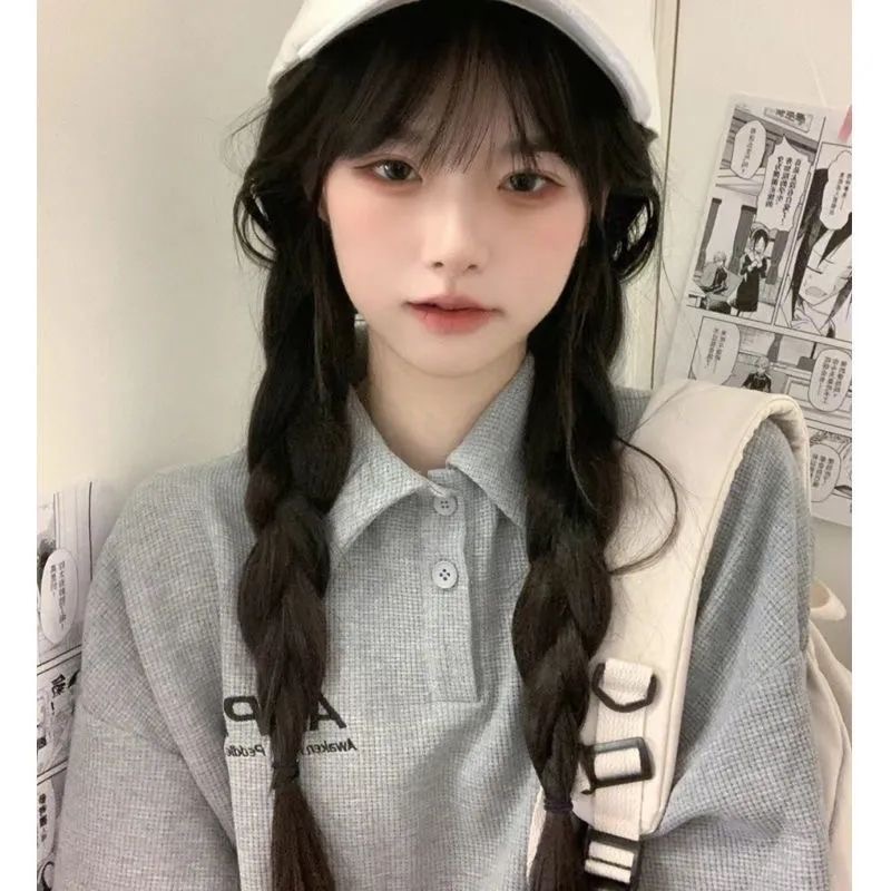 小众高街华夫格polo衫卫衣女秋季新款灰色高级感宽松长袖上衣女潮