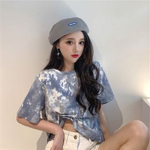 扎染圆领短款 夏季 韩版 短袖 宽松休闲女上衣ins T恤女2025年新款