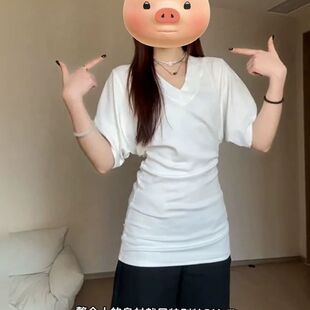 收腰高级感遮肚子上衣 T恤女士2026夏季 微胖大码 纯欲风深V领蝙蝠袖