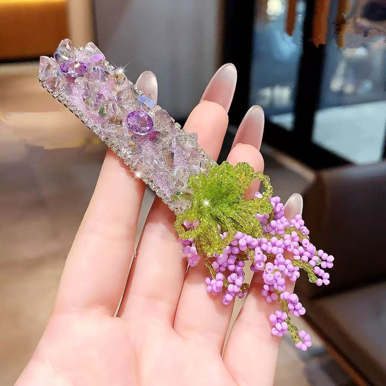 紫罗兰重工水晶水钻流苏边夹BB夹子超仙氛围感刘海碎发发饰
