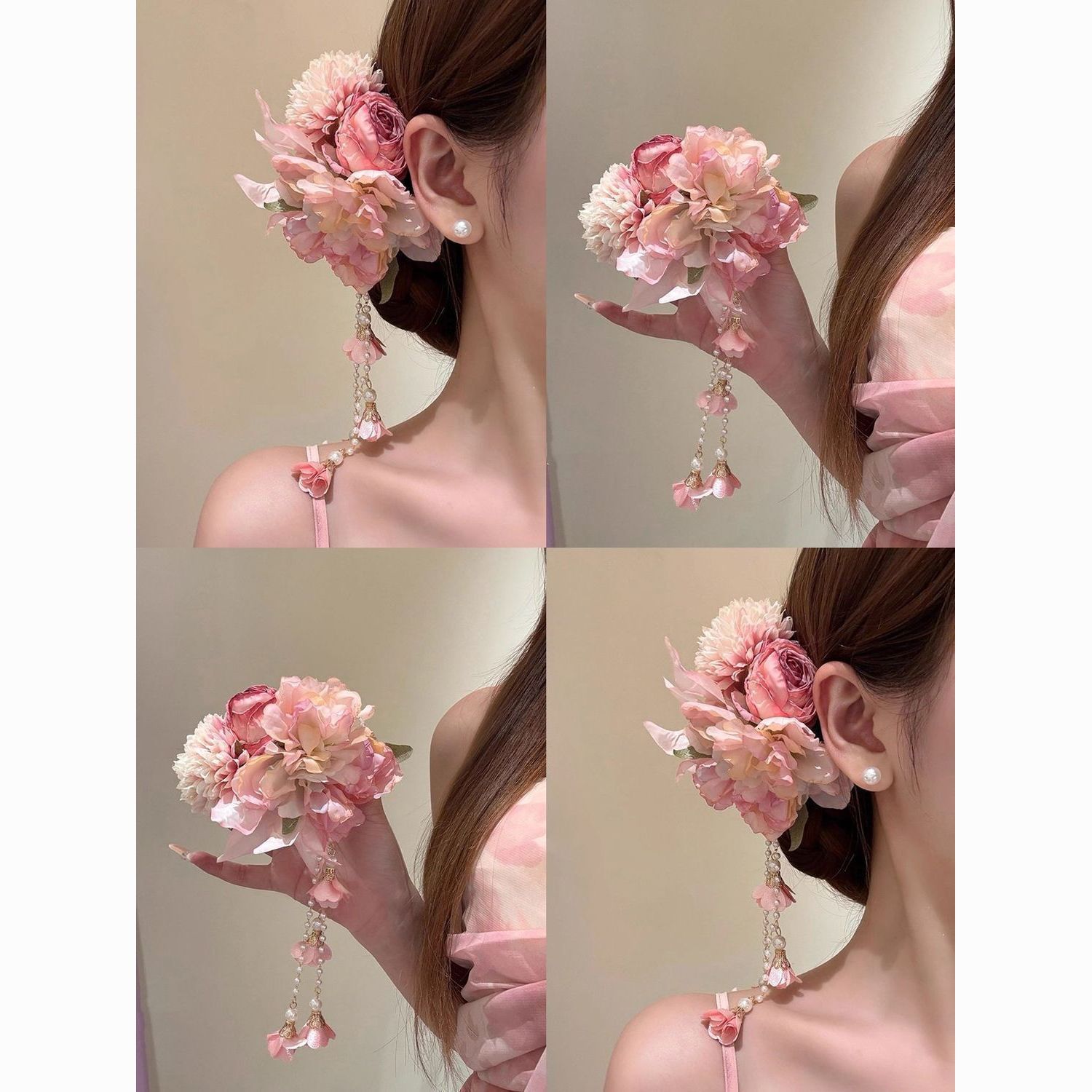 海边旗袍侧边造型边夹超仙女士粉色流苏花朵氛围感刘海装饰发夹
