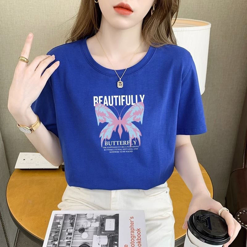 新款蝴蝶字母纯棉短袖女短款T恤半袖时尚女衫女款上衣女潮流百搭