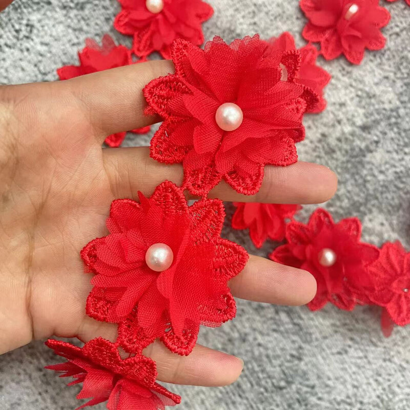5厘米水溶花珍珠手工刺绣花边服装辅料DIY立体花朵配件