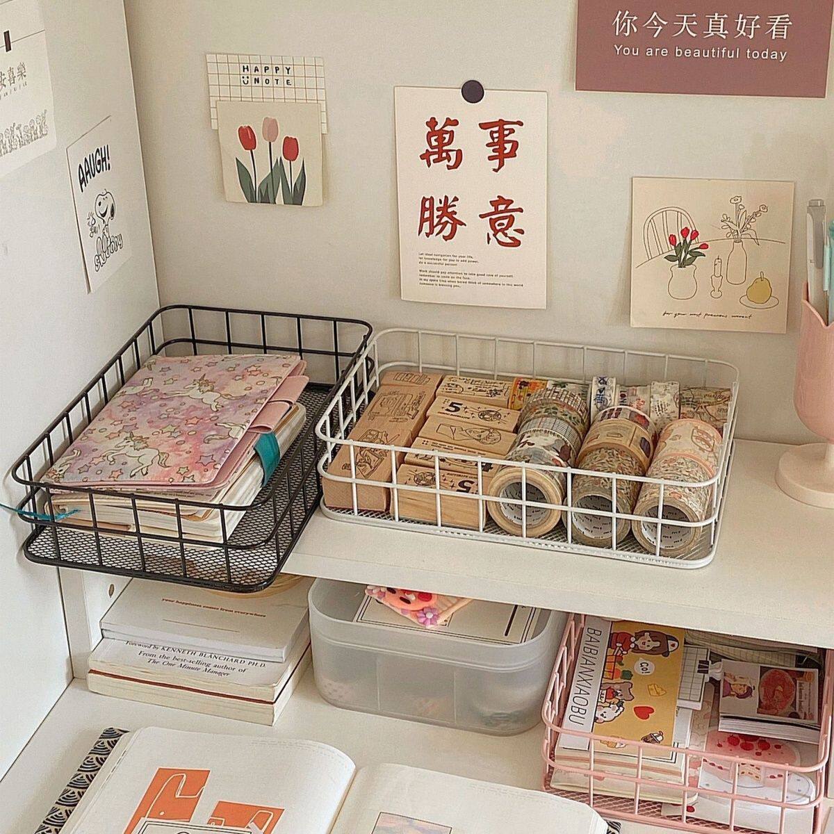 少女心ins铁艺收纳筐学生办公桌面化妆品杂物整理收纳盒子