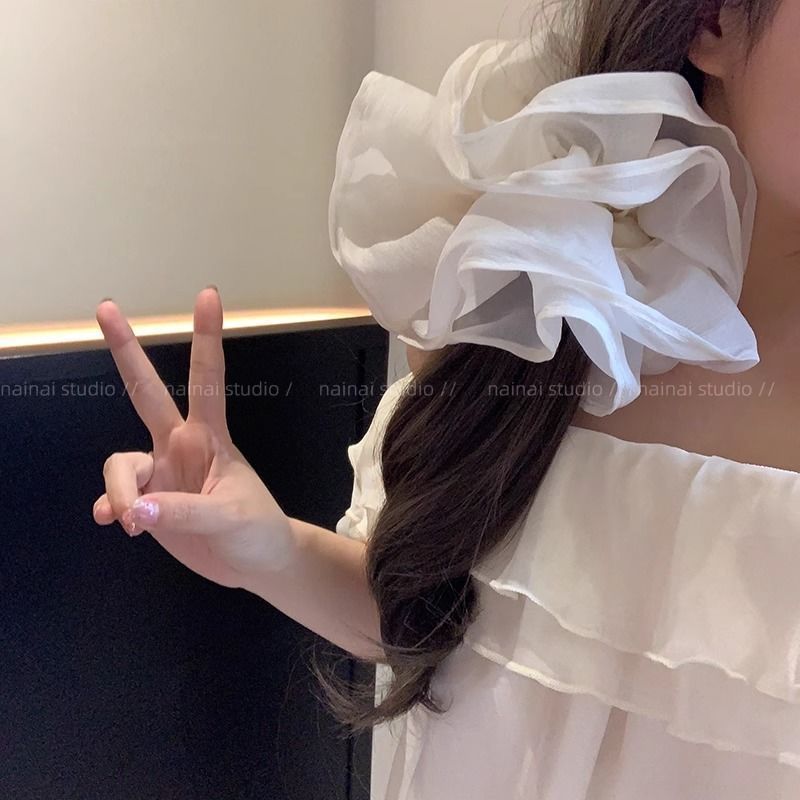 法式超大号花朵双层大肠发圈高级感马尾白色头花头绳