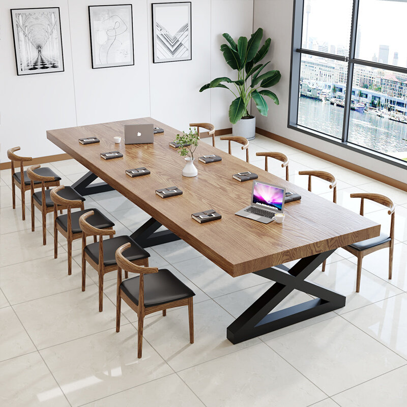 实木会议桌长桌简约现代长条大型工业风简易办公培训洽谈桌椅组合