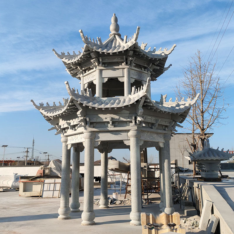 石雕凉亭曲阳青石石雕铁艺中式六角凉亭古建双层八角石亭子户外