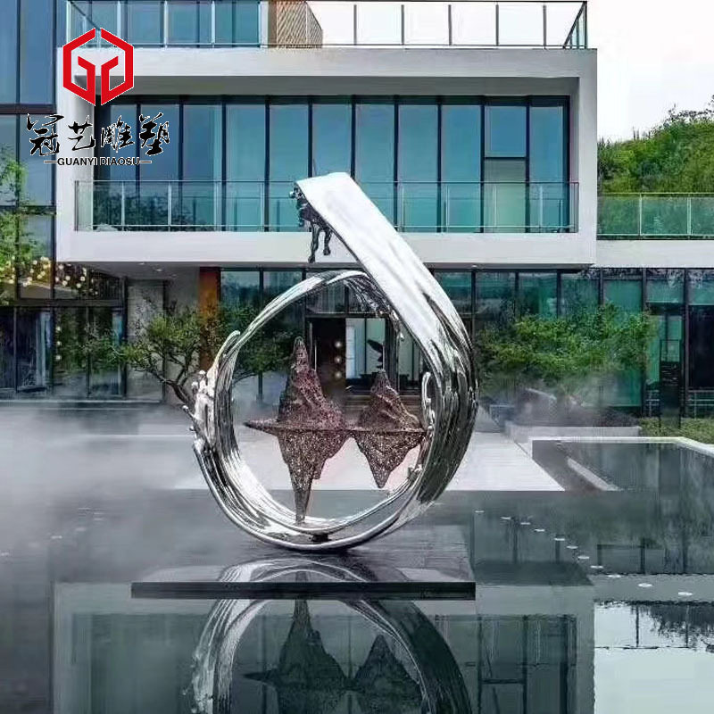 不锈钢创意浪花雕塑房地产抽象金属镜面水花水滴水景造景装饰摆件