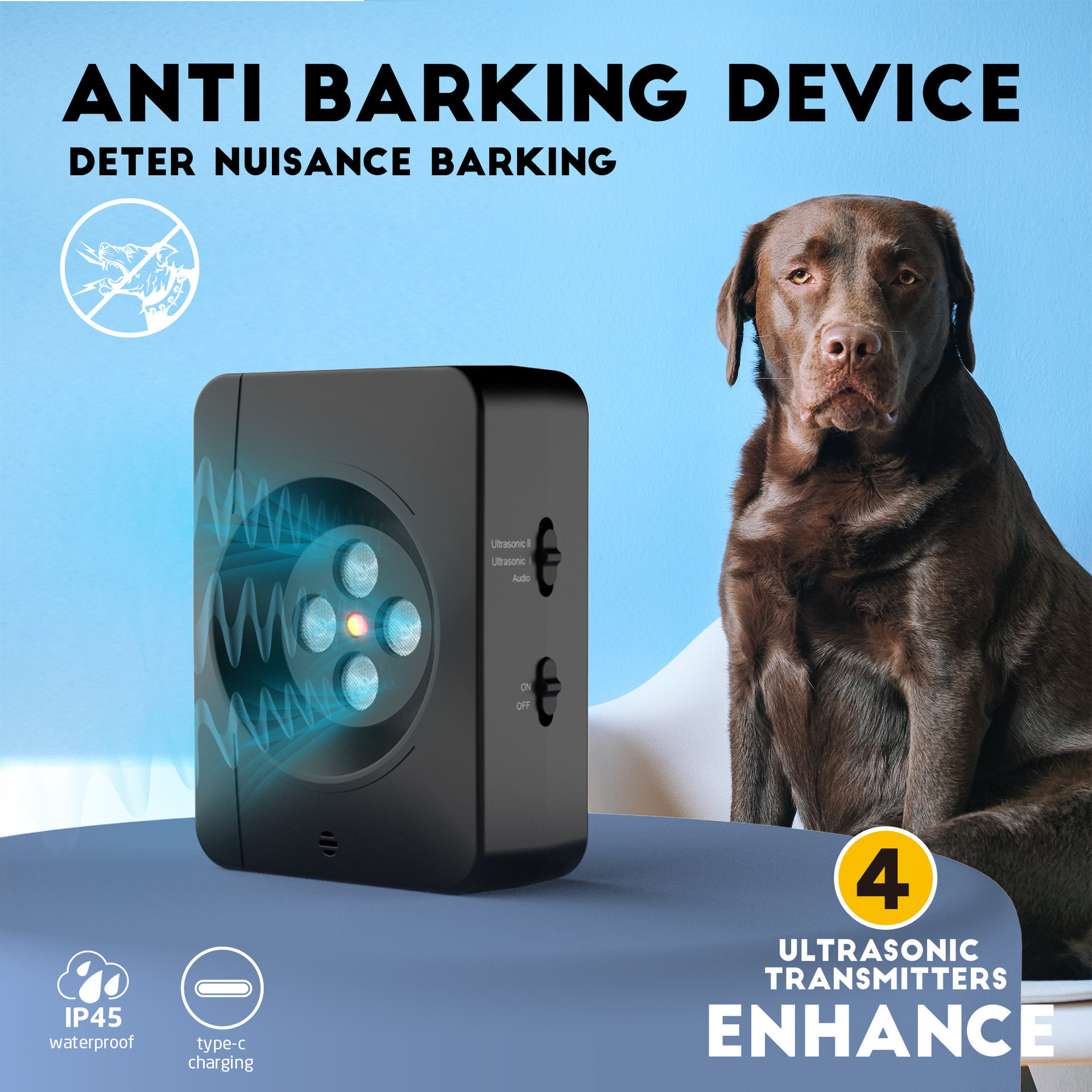 新款超声波驱狗器便携自动式止吠器防狗乱叫训狗器宠物智能止吠器