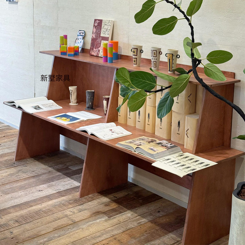简约桦木双层展台中古风桦木书架创意玄关置物架收纳架陈列展示架
