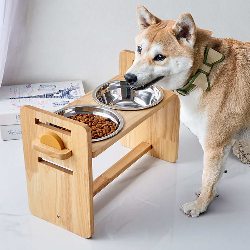宠物不锈钢橡木可调节双碗大型犬狗盆狗碗大号大容量狗狗碗架饭碗