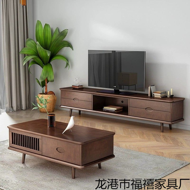 北欧风电视柜实木简约现代茶几组合家用客厅小户型原木一体落地式