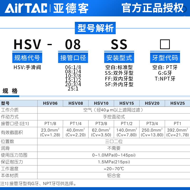 亚德客调压过滤器手推手滑开关阀HSV08 HSV06SS/HSV10FF/HSV15SF