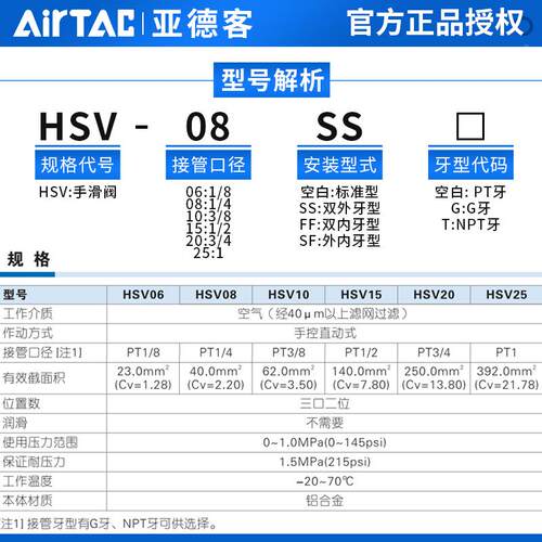 亚德客调压过滤器手推手滑开关阀HSV08 HSV06SS/HSV10FF/HSV15SF