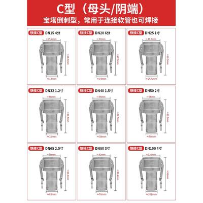 316不锈钢快速接头304卡扣式拉杆2寸C型A1型母阴端复合软管Pe罐车