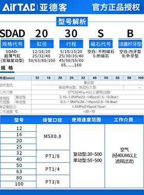 原装正品亚德客双轴复动薄型气缸SDAD63/80/100X10X15X20X25X30S