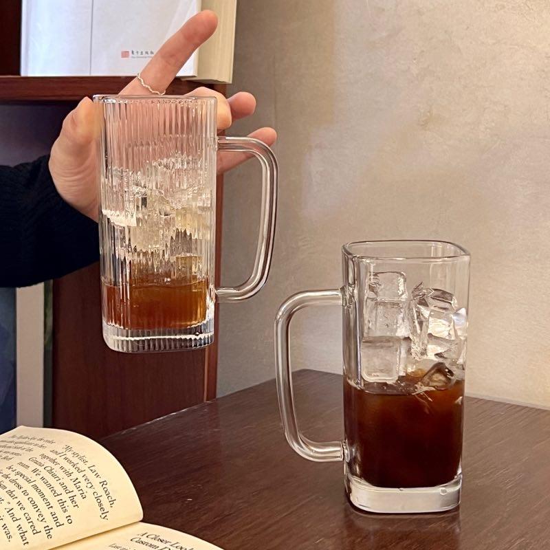 简约ins风条纹玻璃杯带把透明直身方杯牛奶杯饮料杯奶昔杯咖啡杯