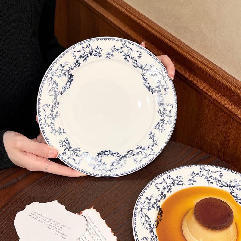 法式复古花纹陶瓷盘子商用蛋糕盘中古风家用早餐盘水果甜品西餐盘