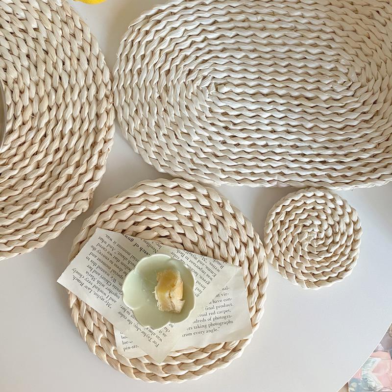 ins风日式简约手工编织玉米皮餐垫圆形草编隔热垫防烫垫子砂锅垫
