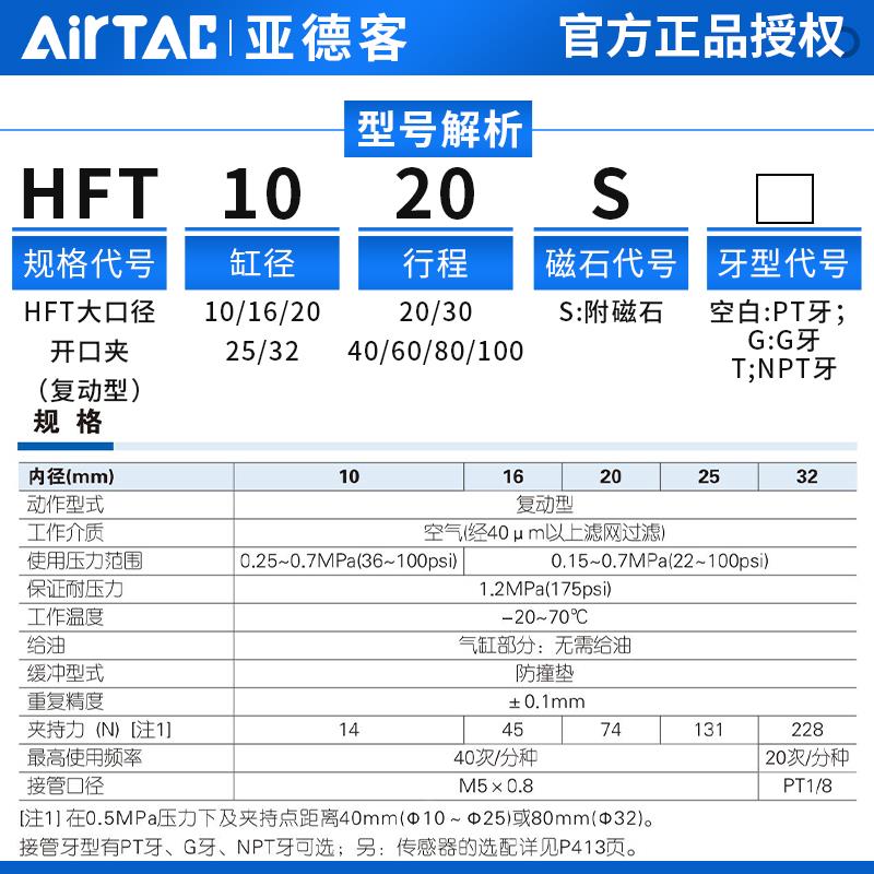 亚德客原装HFT气动手指气缸阔型平行开闭开口夹爪10/16/20/25/32