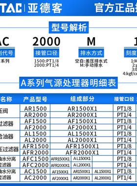 亚德客AC2000气源三联件空气调压过滤处理器AF2000 AR2000 AL2000