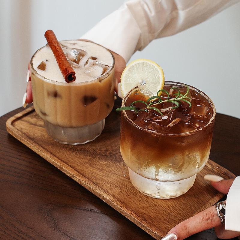复古竖纹玻璃水杯冰拿铁咖啡杯饮品杯冷饮杯咖啡店耐高温可叠水杯