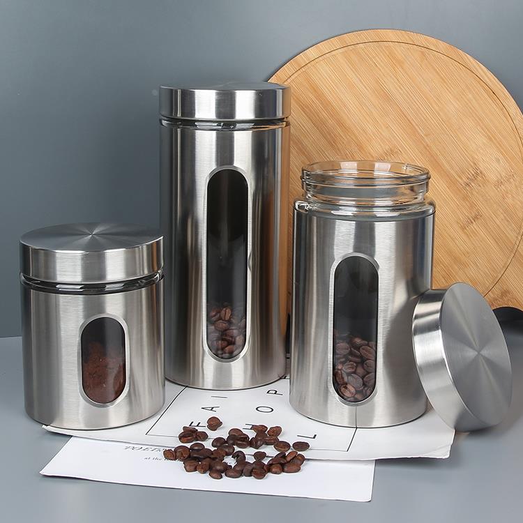 不锈钢可视玻璃储物罐咖啡豆咖啡粉杂粮储存罐糖罐茶叶食品收纳罐