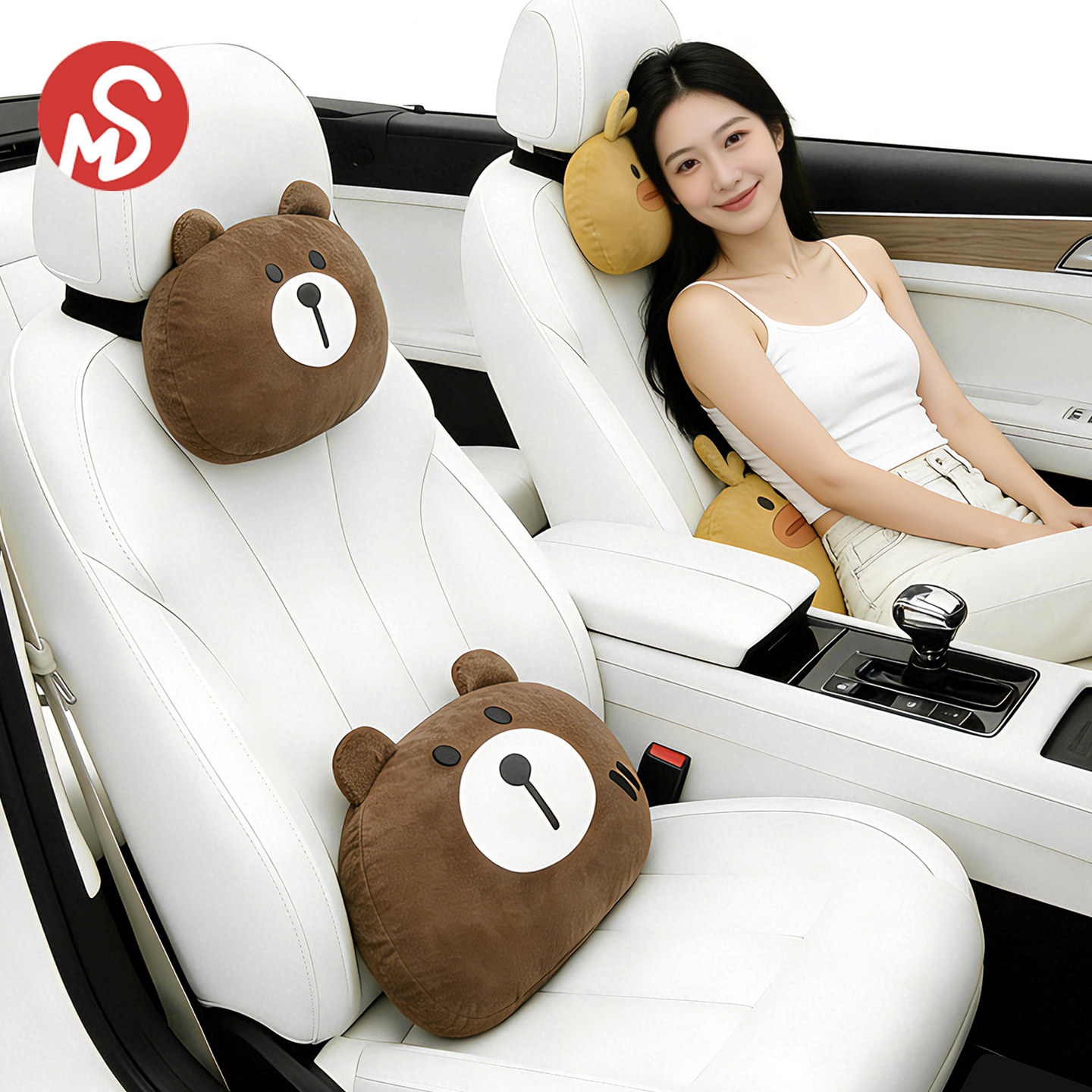 汽车头枕腰靠套装可爱护颈枕一对卡通车载座椅护腰垫托女四季通用