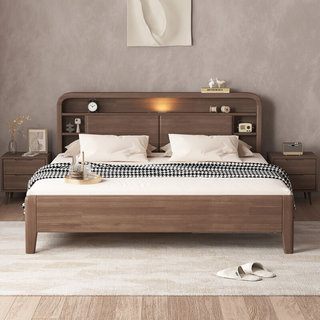。北欧实木床现代简约胡桃色1.35米1.5m双人主卧室1.8m婚床高箱储