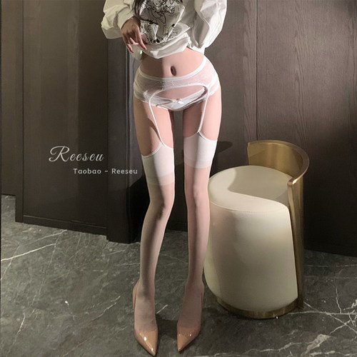 5D白色蕾丝边吊带一体丝袜纯欲黑丝性感情调过膝长筒袜女镂空薄款