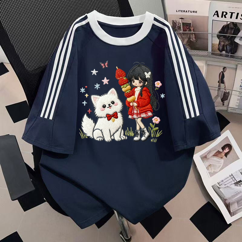 纯棉美式三条杠短袖t恤莓犬少女新款夏季宽松半袖设计感上衣ins