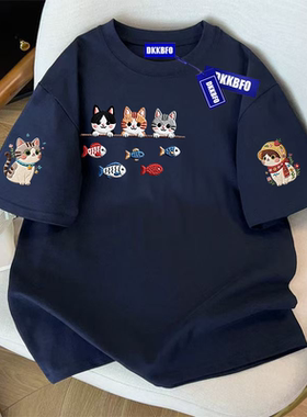 FTBHFIN嘻哈仿刺绣小猫印花纯棉上衣夏季百搭藏青色短袖T恤