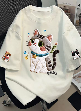 hiphop街头可爱风纯棉仿刺绣猫咪短袖T恤女夏季复古ins潮牌上衣