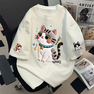 hiphop街头可爱风纯棉仿刺绣猫咪短袖 复古ins潮牌上衣 T恤女夏季