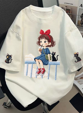 美式复古chic趣味卡通小魔女纯棉短袖T恤女夏慵懒小个子可爱上衣