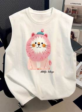 美式复古夏季100%纯棉ins粉狮背心情侣装复古白色印花无袖T恤上衣