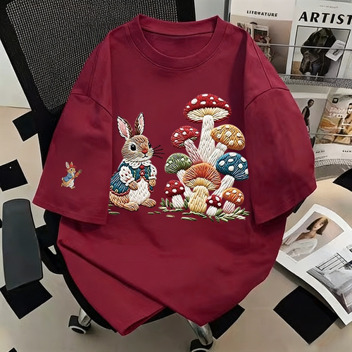 纯棉美式高街可爱兔子短袖t恤女夏季慵懒风宽松oversize半袖上衣
