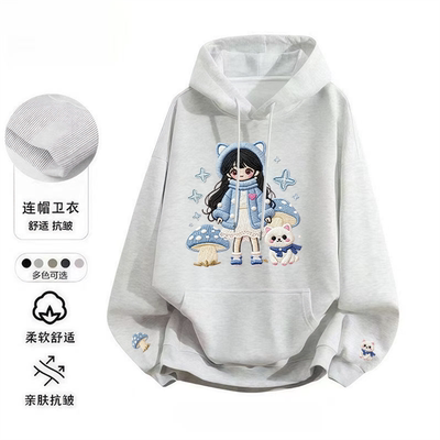 美式复古新款菇边萌伴秋冬连帽卫衣女小个子显瘦宽松重磅加绒上衣