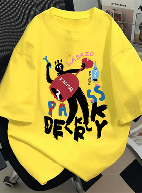 美式流行重磅纯棉短袖t恤男女夏季卡通印花黄色半袖宽松百搭上衣