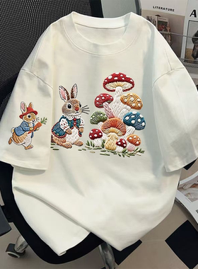 纯棉蘑菇兔子短袖t恤女夏2025新款仿刺绣白色时尚减龄圆领上衣潮